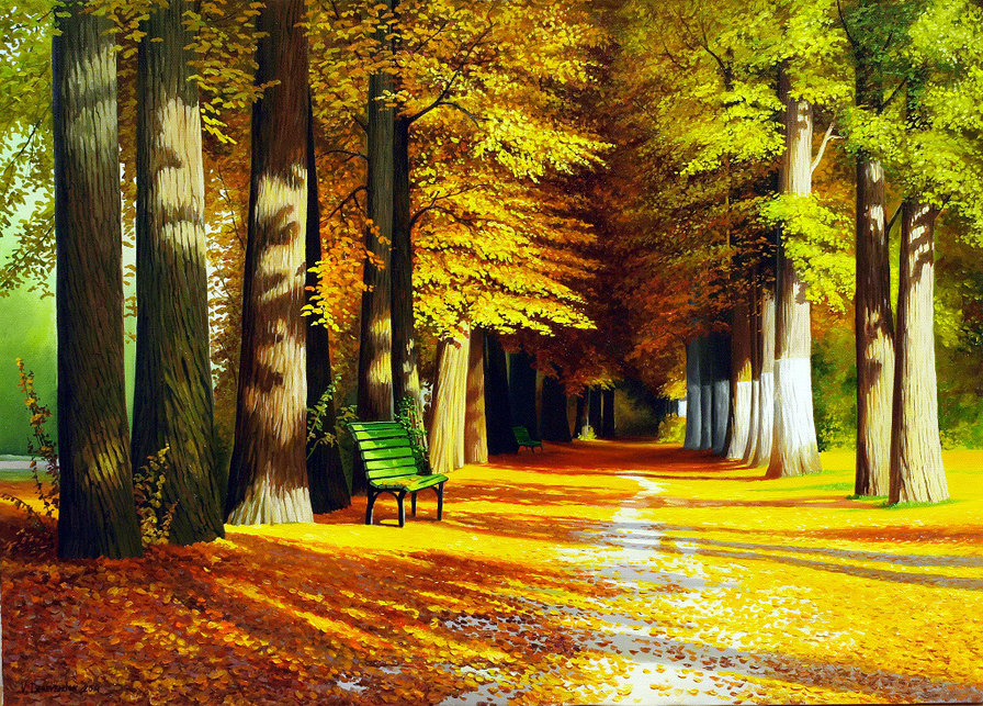 осень в парке - лавочка, аллея, живопись, парк, пейзаж, скамейка, золото, осень - оригинал