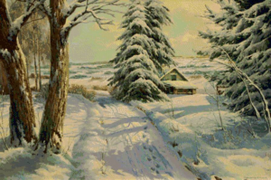 морозная зима в деревне - пейзаж, зима, живопись, природа, мороз, домик, снег, деревня - предпросмотр