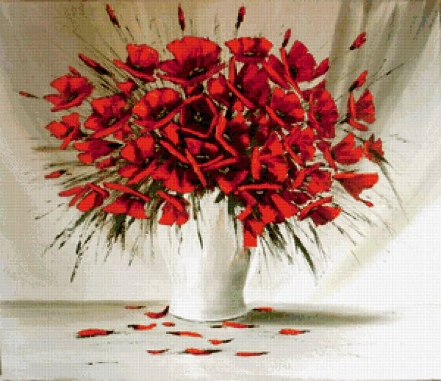 красные маки в белой вазе - живопись, букет, цветы, натюрморт, ваза, маки - предпросмотр
