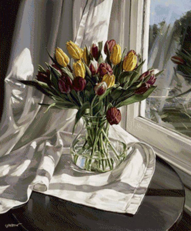 тюльпаны в вазе - тюльпаны, ваза, окно - предпросмотр