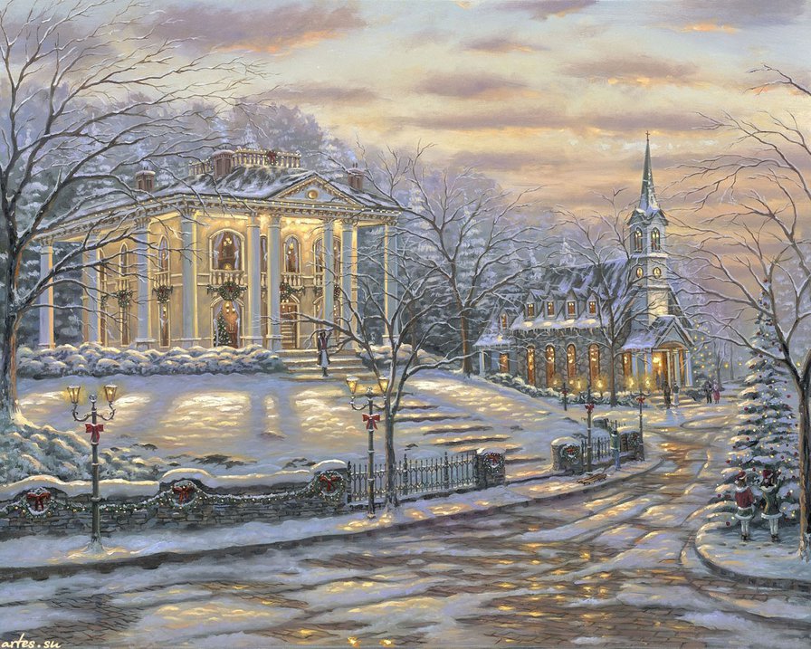 зима в маленьком городке - зима, город, праздник, мечта, дом, живопись, снег, пейзаж - оригинал
