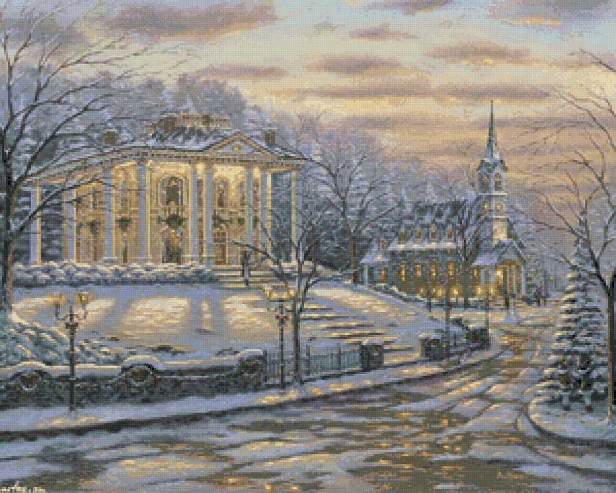 зима в маленьком городке - пейзаж, город, мечта, праздник, зима, живопись, дом, снег - предпросмотр