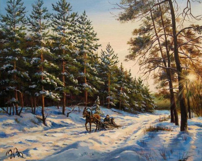 зимний пейзаж - город, зима, живопись, сани, дерево, арт, карета, снег, вечер - оригинал