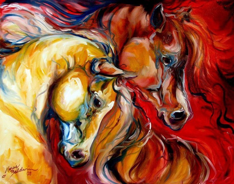 пара лошадей - любовь, лошади, акварель, огонь, пара, краски, животные - оригинал