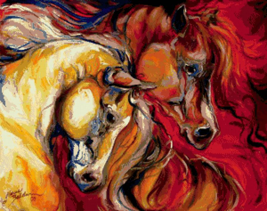 пара лошадей - пара, акварель, огонь, краски, лошади, животные, любовь - предпросмотр