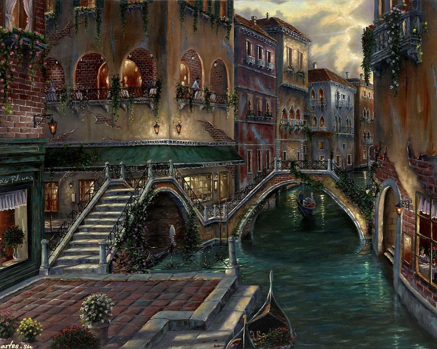 венеция - пейзаж, фонари, италия, город, вечер, гондола, сумерки, венеция - оригинал