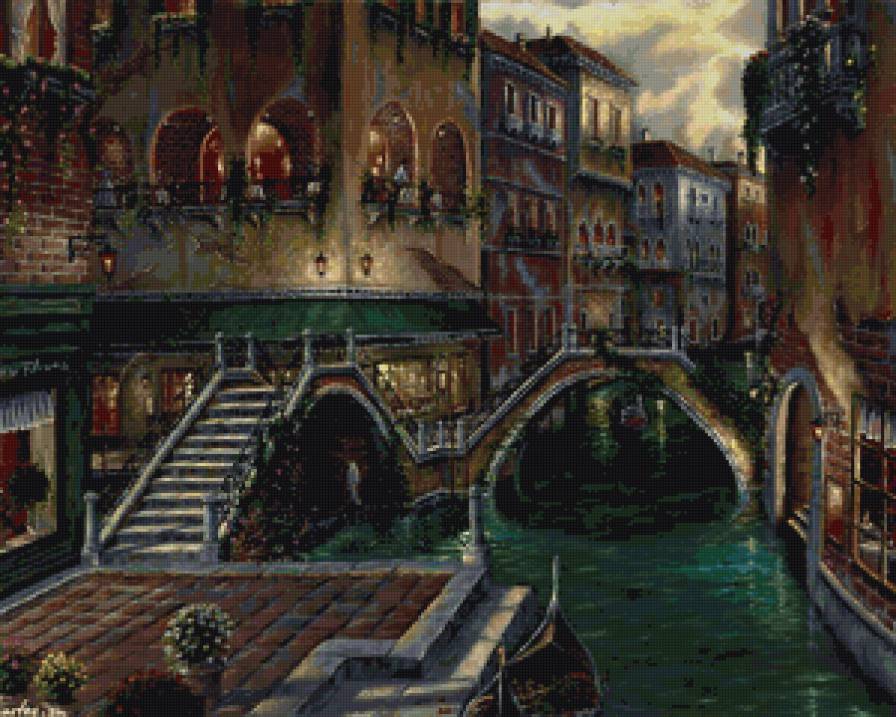 венеция - венеция, пейзаж, италия, вечер, гондола, город, фонари, сумерки - предпросмотр