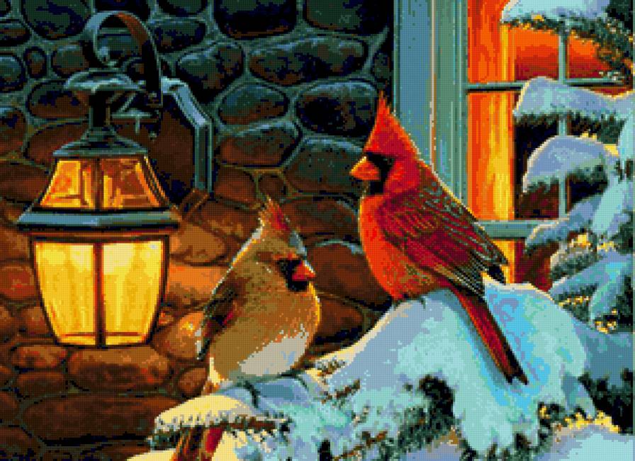 Птицы зимой - зима, фонарь, птицы - предпросмотр