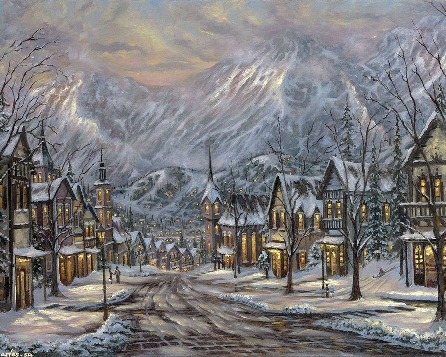 зима в маленьком городке - вечер, зима, живопись, город, снег, улица, сумерки, пейзаж, горы - оригинал