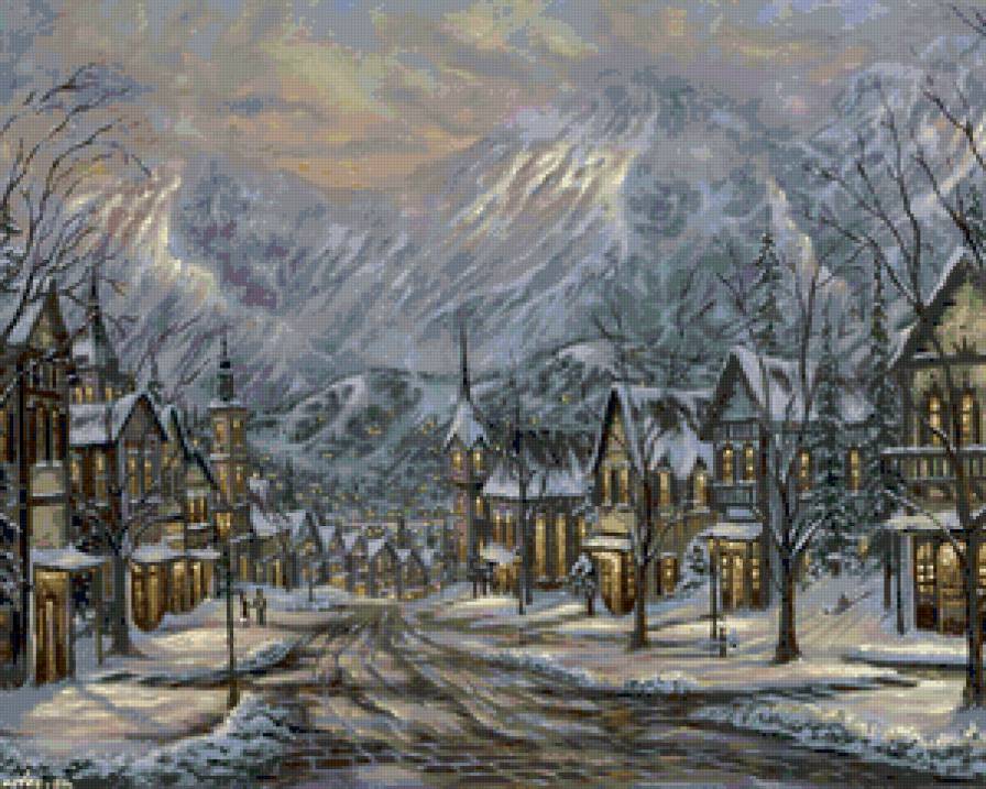 зима в маленьком городке - сумерки, живопись, горы, пейзаж, вечер, город, улица, зима, снег - предпросмотр