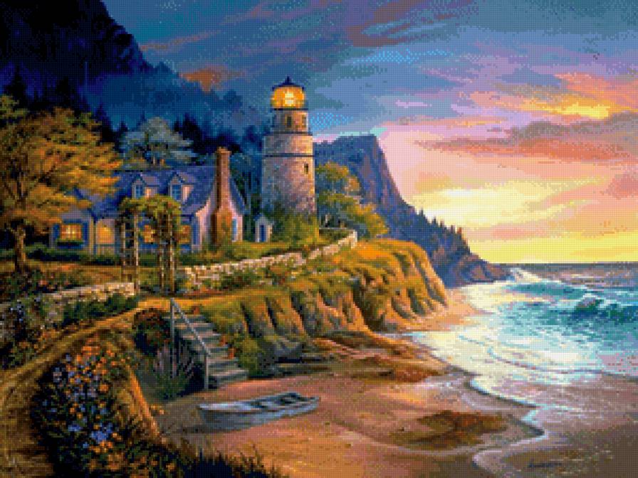 маяк и дом мечты - пейзаж, волны, домик, закат, пляж, море, лодка, маяк - предпросмотр