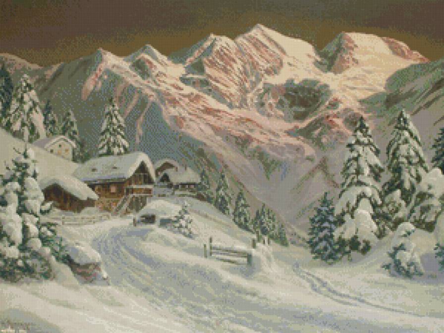 зима в горной деревушке - живопись, деревня, зима, мороз, снег, природа, горы, пейзаж - предпросмотр