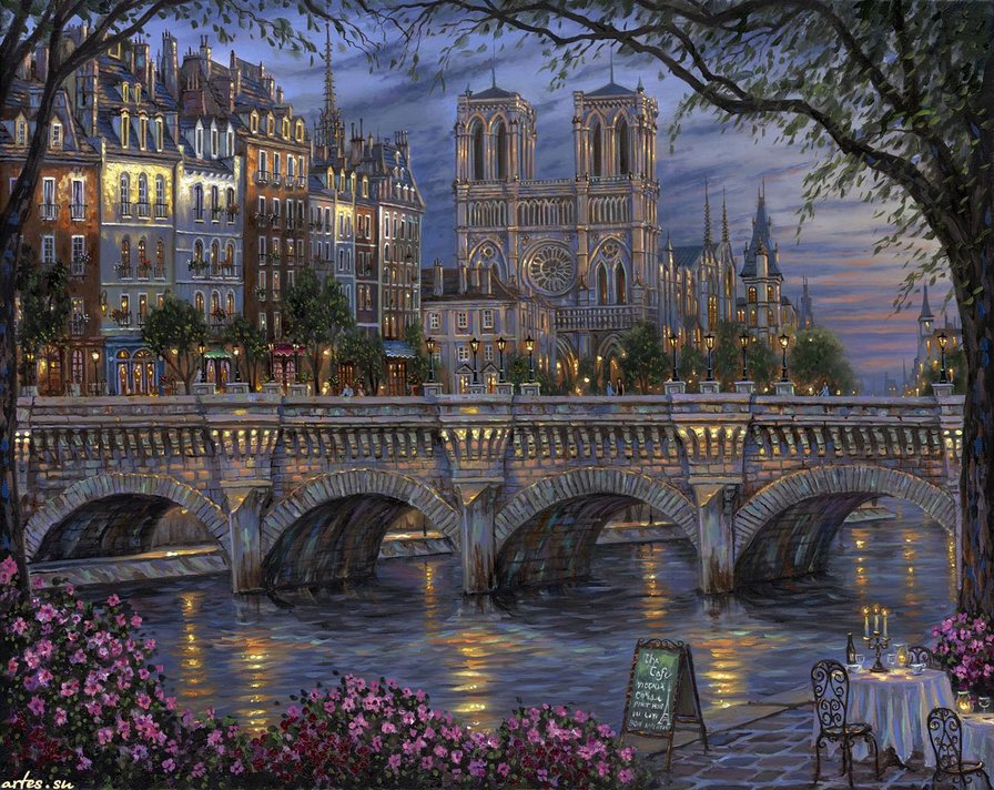 вечерний париж - франция, кафе, вечер, мост, город, река, живопись, париж, улица - оригинал