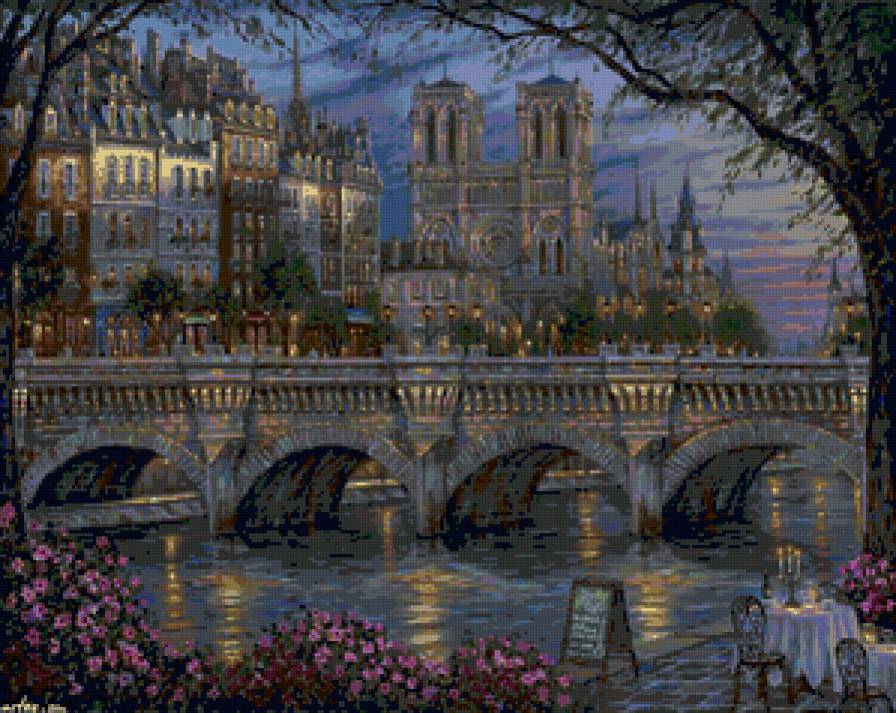 вечерний париж - мост, река, кафе, живопись, город, франция, париж, улица, вечер - предпросмотр