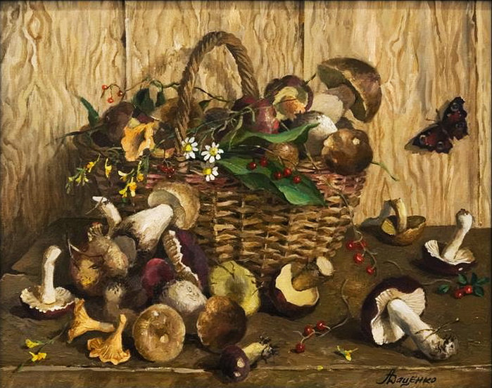 корзина с грибами - кухня, еда, картина, корзина, натюрморт, грибы, лес - оригинал