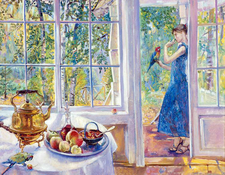 девушка с попугаем на террасе - лето, терраса, живопись, натюрморт, попугай, девушка, чай, сад - оригинал