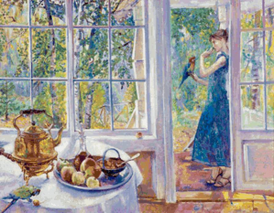 девушка с попугаем на террасе - живопись, сад, чай, натюрморт, попугай, лето, девушка, терраса - предпросмотр