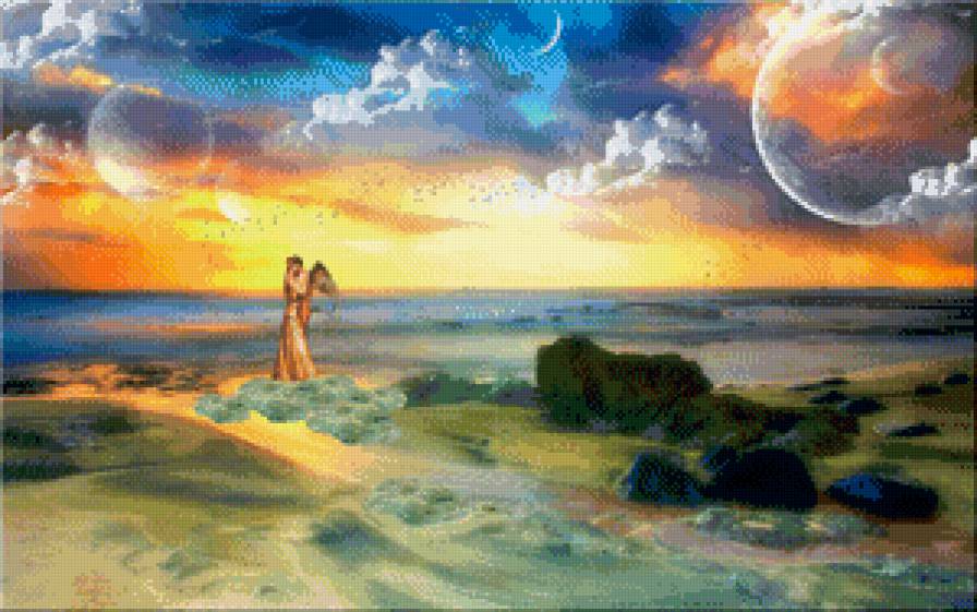 двое на берегу - волны, закат, море, любовь, океан, берег, пара, вселенная - предпросмотр