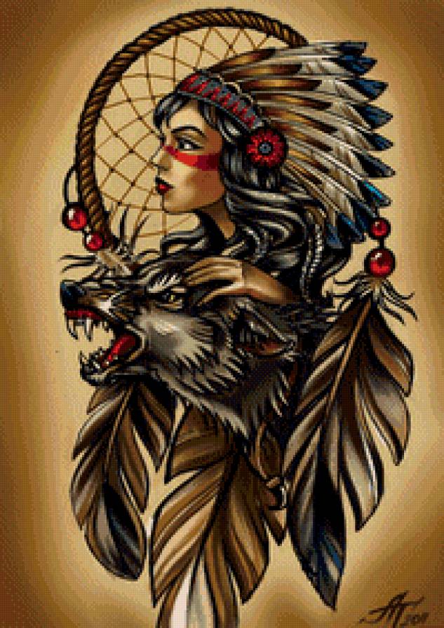 Девушка и волк - девушка, индеец, волк - предпросмотр