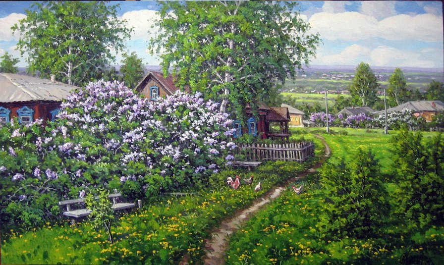 весна в деревне - сад, весна, живопись, пейзаж, природа, деревня, цвет, сирень - оригинал