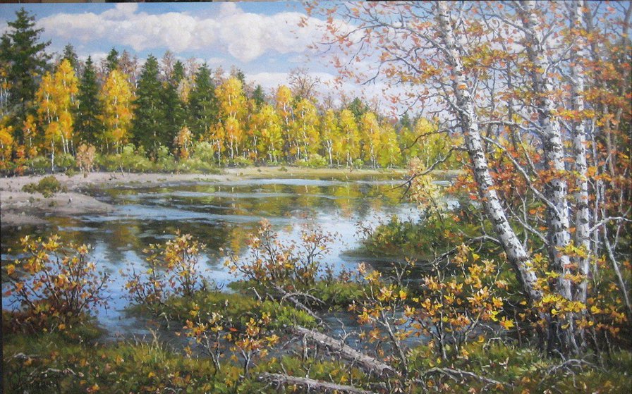 осень на реке - дерево, река, природа, золото, березы, живопись, осень, роща - оригинал