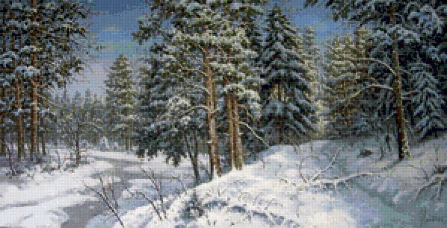 зима в сосновом лесу - сосны, пейзаж, лес, зима, солнце, природа, живопись, снег, мороз - предпросмотр