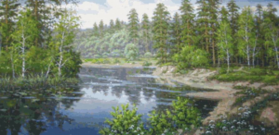 летний пейзаж с рекой - пейзаж, река, дерево, природа, лето, живопись, лес - предпросмотр