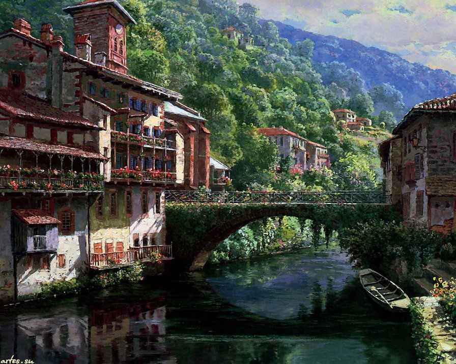южный городок - пейзаж, мост, река, юг, город, лето, горы, живопись, цветы - оригинал