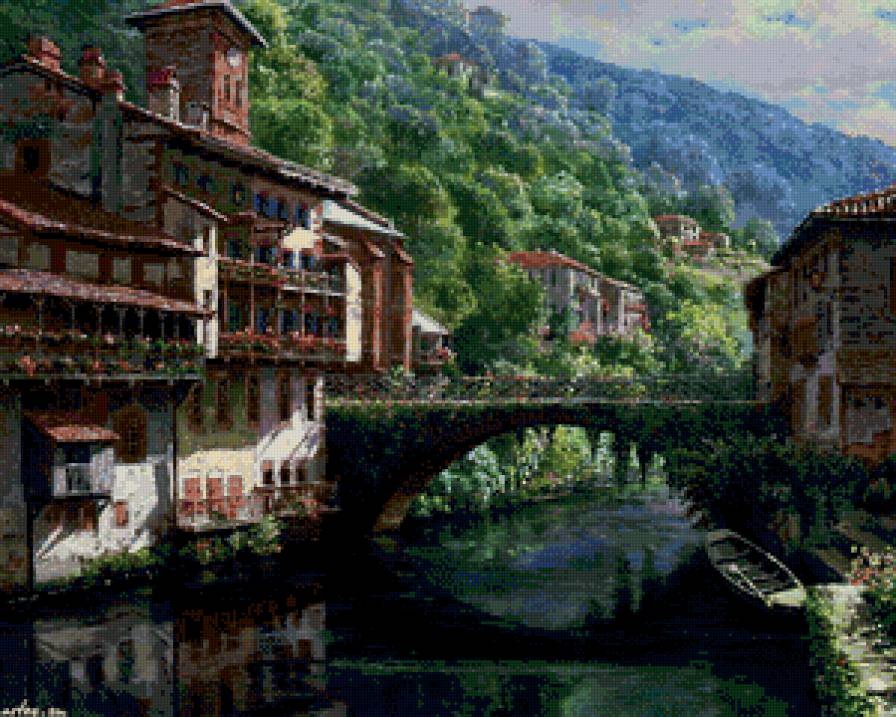 южный городок - юг, река, цветы, пейзаж, лето, живопись, горы, мост, город - предпросмотр