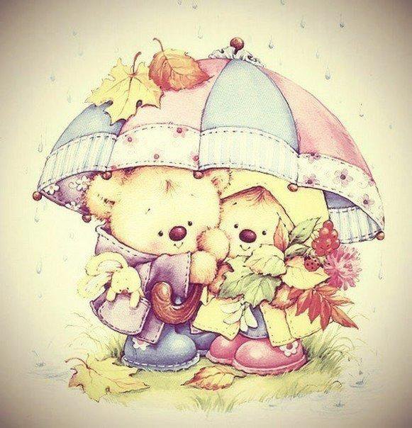 Под зонтом - детям, пара, мишки, дождь - оригинал