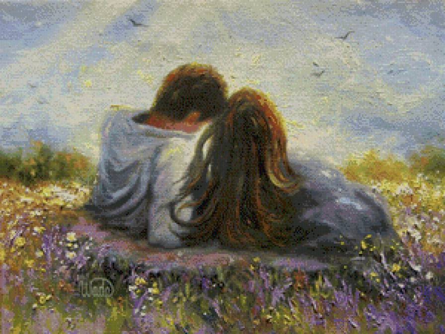 Акварель - пара, картина, луг, акварель, небо - предпросмотр