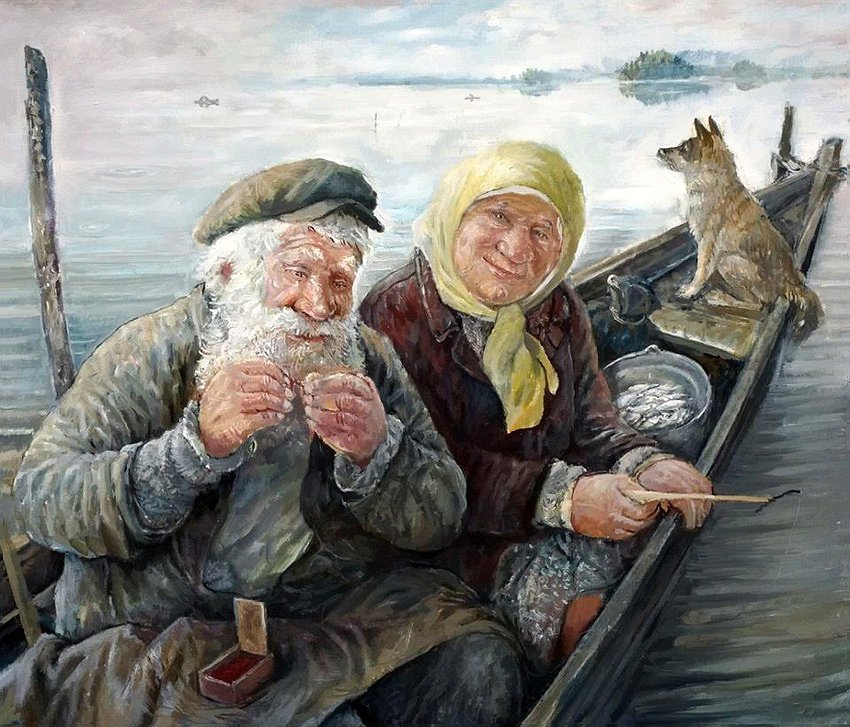 на рыбалке - бабушка, река, дедушка, собачка - оригинал