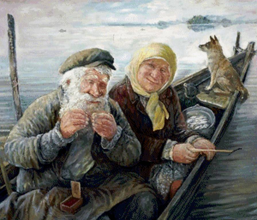 на рыбалке - дедушка, река, бабушка, собачка - предпросмотр