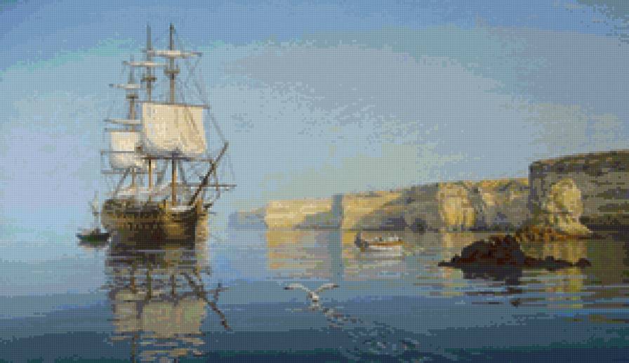 вход корабля в порт2 - парусник, фрегат, берег, порт, море - предпросмотр