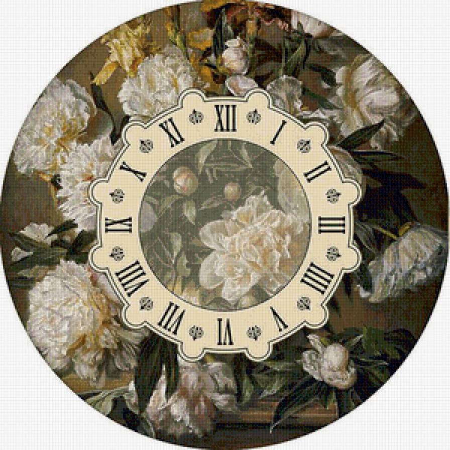 Циферблат с белыми пионами - часы, пионы, циферблат, цветы - предпросмотр