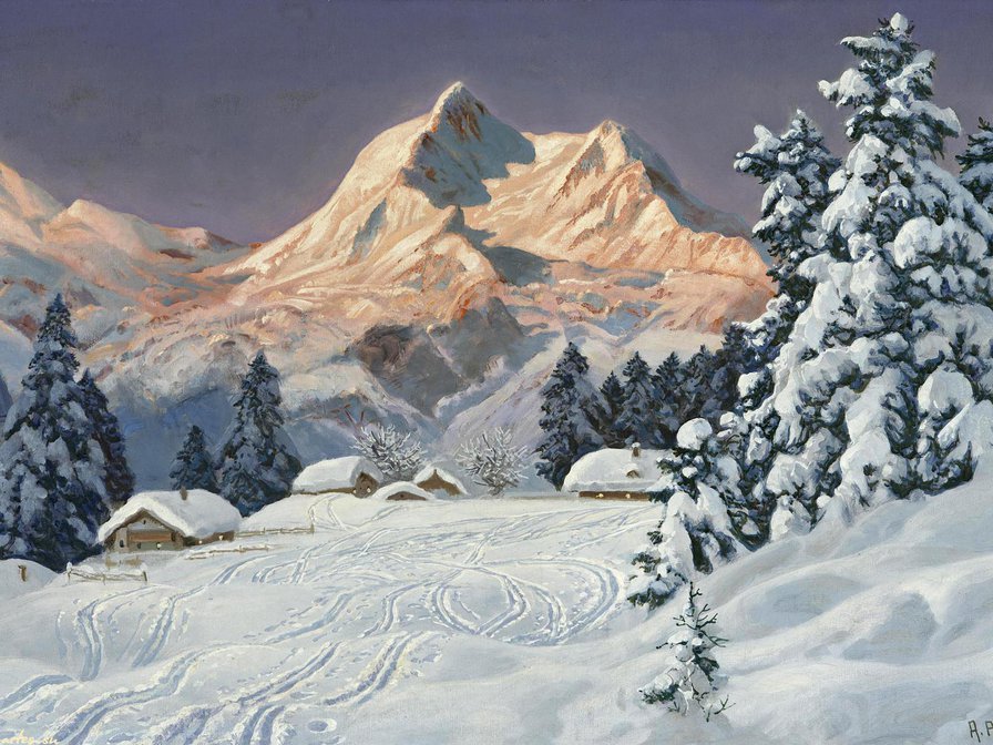 альпийская деревушка - природа, закат, живопись, зима, альпы, горы, снег, вечер, пейзаж - оригинал