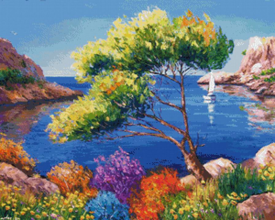 берег прованса - лето, парус, пейзаж, юг, цветы, прованс, море, живопись - предпросмотр