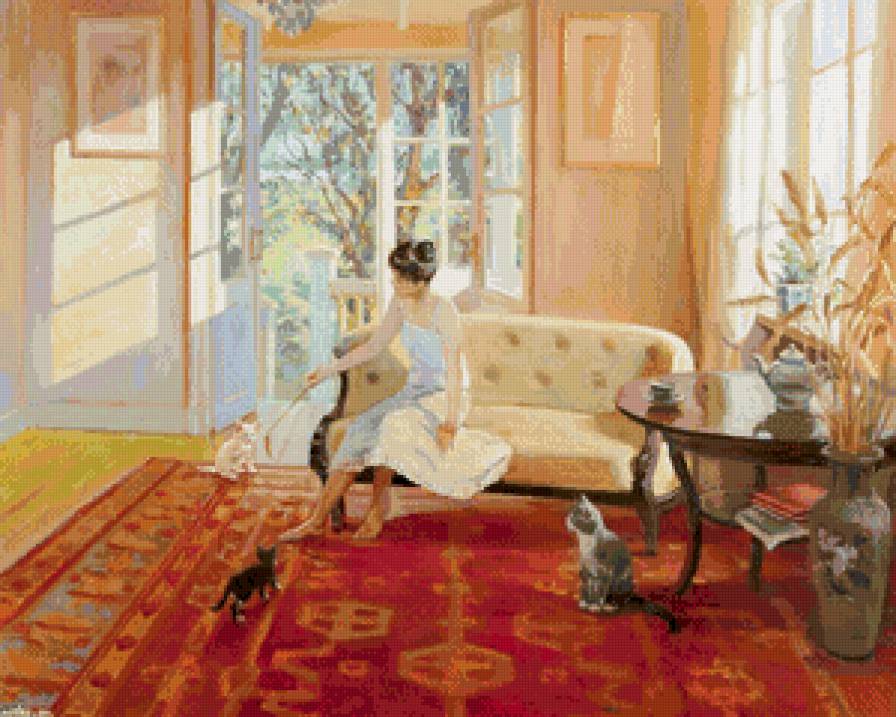 девушка играет с кошками - кошка, животные, игра, девушка, кот, живопись, дом - предпросмотр