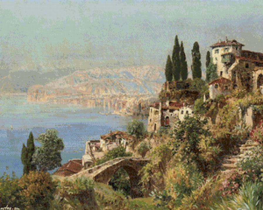 морской город в италии - живопись, город, италия, горы, кипарис, берег, лето, море - предпросмотр