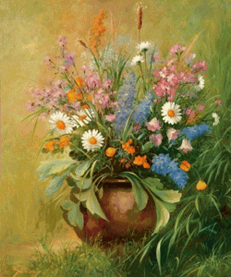 полевые цветы в горшке - горшок, ромашки, колокольчики, живопись, цветы, натюрморт, букет - предпросмотр