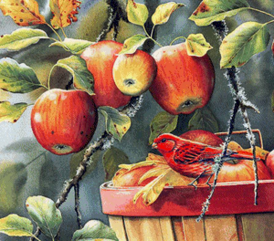 Птицы и яблоки - птица, яблоки, картина - предпросмотр