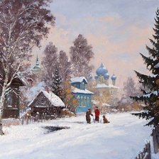 зимний деревенский пейзаж с церковью