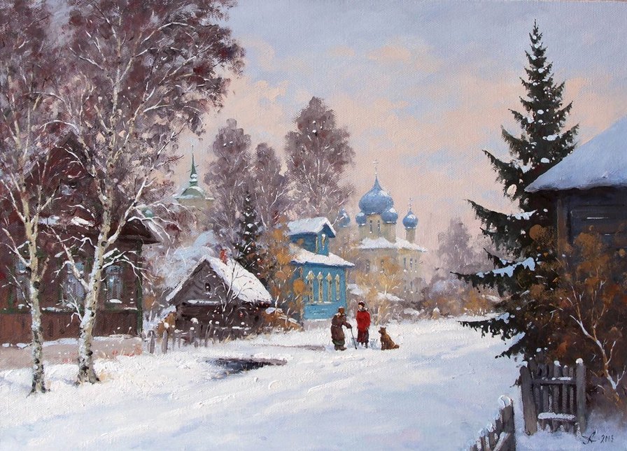 зимний деревенский пейзаж с церковью - деревня, мороз, зима, природа, пейзаж, церковь, живопись, снег - оригинал