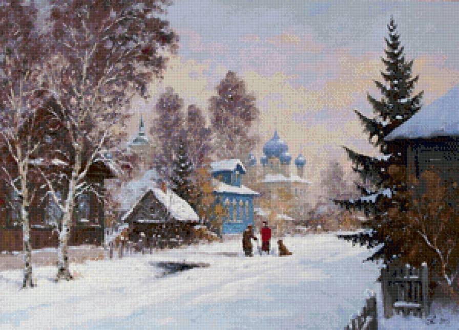 зимний деревенский пейзаж с церковью - пейзаж, снег, мороз, деревня, живопись, церковь, зима, природа - предпросмотр