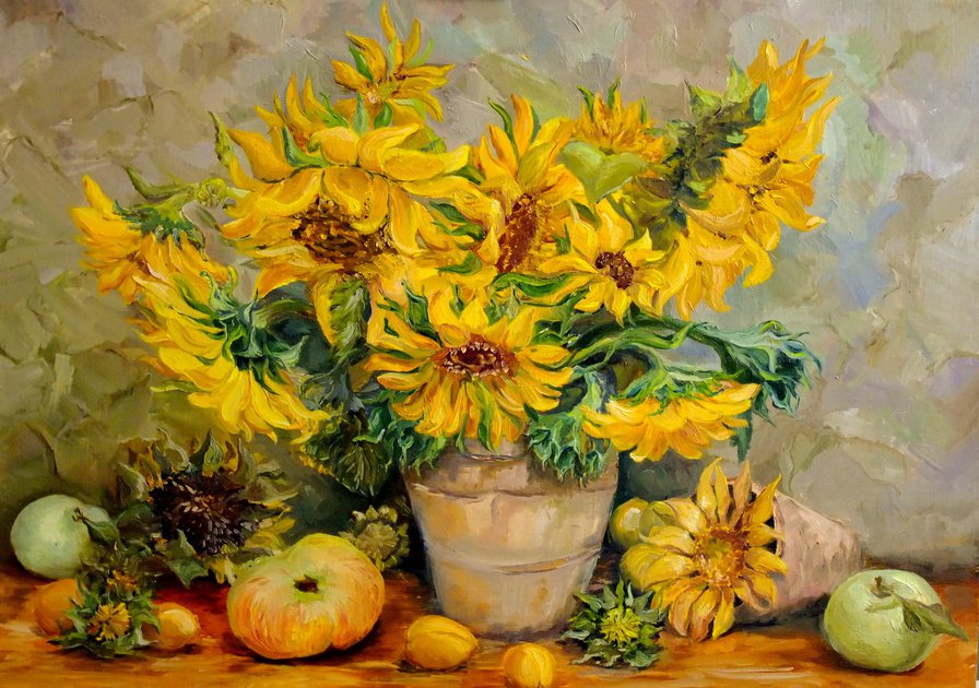 натюрморт с подсолнухами и фруктами - ваза, еда, подсолнухи, натюрморт, фрукты, цветы, яблоки - оригинал