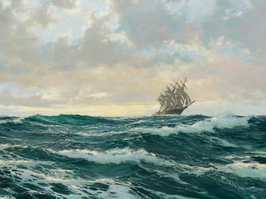 пейзаж с парусником - море, волны, паруса, парусник, чайки, небо, океан - оригинал