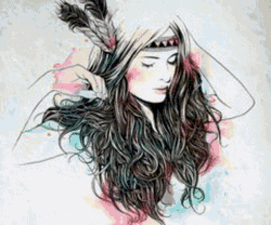 Девушка - перья, девушка, акварель, индианка - предпросмотр