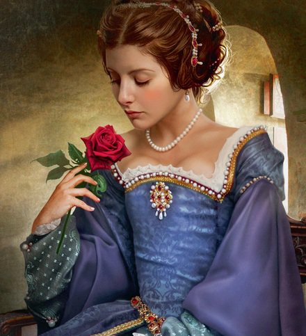 Дама с розой - красавица, девушка, роза, цветы, королева - оригинал