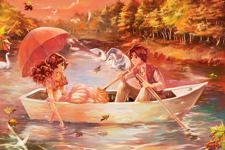 Влюбленные - лодка, парень, лебеди, девушка, влюбленные, романтика, зонтик - оригинал