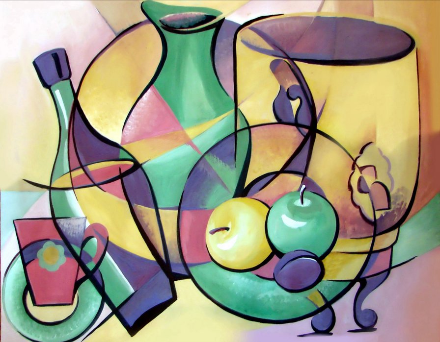 абстракция в натюрморте - фрукты, кухня, яблоки, посуда, картина, натюрморт, абстракция - оригинал